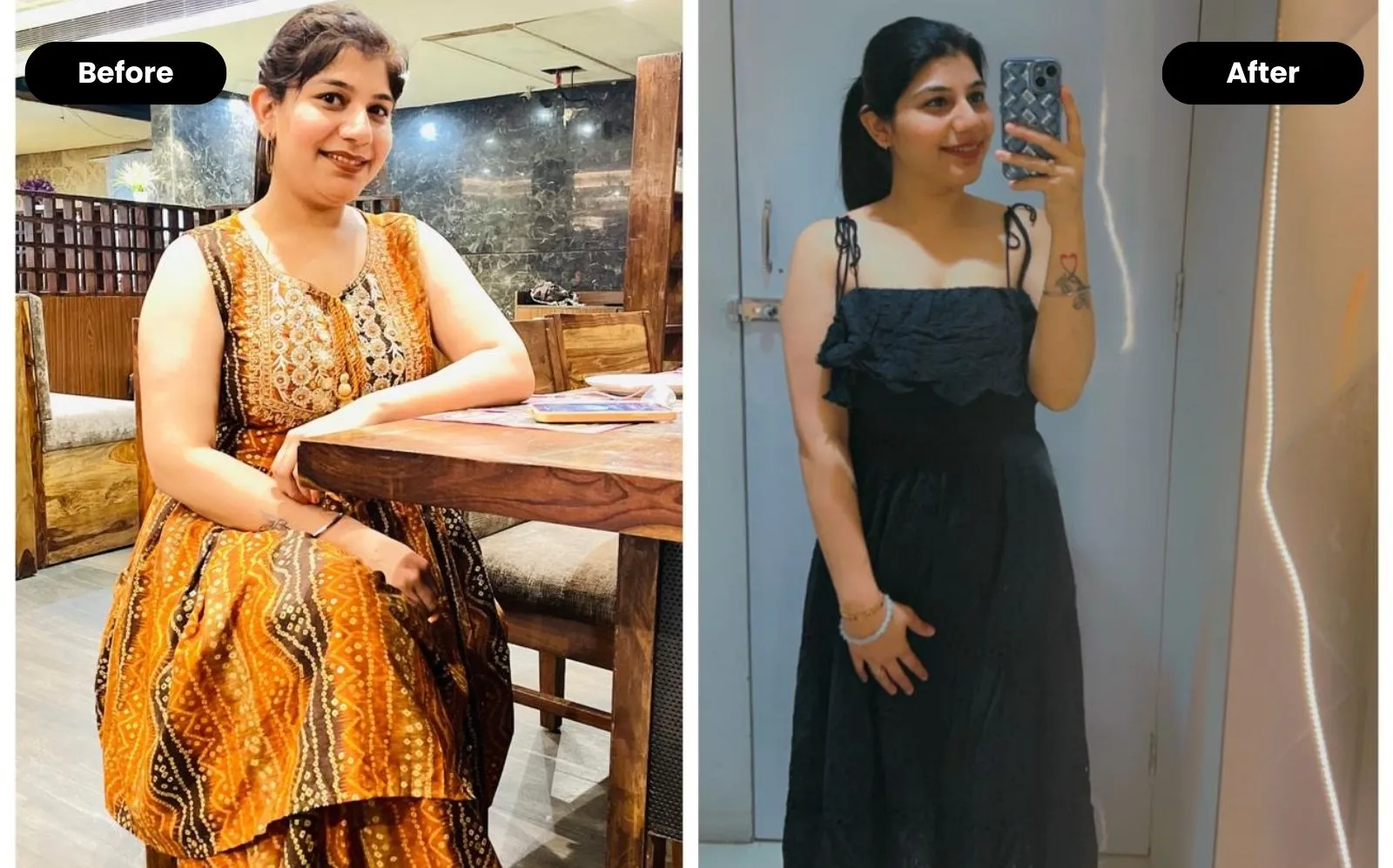 Before-and-after transformation photo of Deevy Fit client